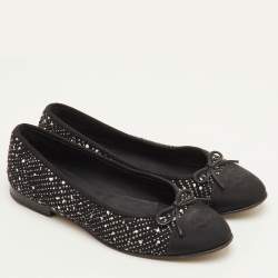 Pre Owned Chanel CC Size 38.5 Black Fabric and Tweed Bow Cap Toe Ballet Flats