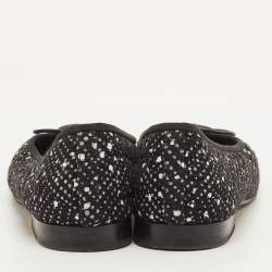 Pre Owned Chanel CC Size 38.5 Black Fabric and Tweed Bow Cap Toe Ballet Flats