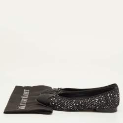 Pre Owned Chanel CC Size 38.5 Black Fabric and Tweed Bow Cap Toe Ballet Flats