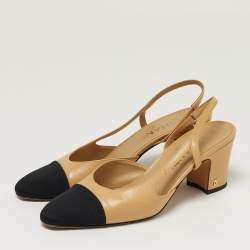 Pre Owned حذاء شانيل سيلنغ باك مقدمة مغطاة كانفاس جلد بيج مقاس 39