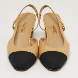 Pre Owned حذاء شانيل سيلنغ باك مقدمة مغطاة كانفاس جلد بيج مقاس 39