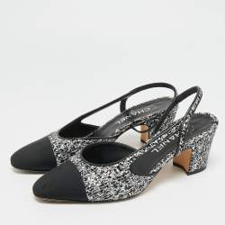 Pre Owned حذاء كعب عالي شانيل قماش أسود/فضي وترتر بحزام للكاحل مقاس 38.5