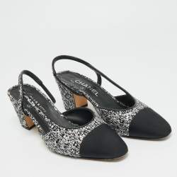 Pre Owned حذاء كعب عالي شانيل قماش أسود/فضي وترتر بحزام للكاحل مقاس 38.5