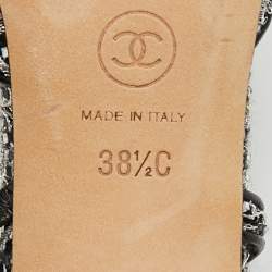 Pre Owned حذاء كعب عالي شانيل قماش أسود/فضي وترتر بحزام للكاحل مقاس 38.5