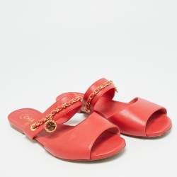 Pre Owned Chanel Size 39 Red Leather Chain Detail Flat Slide