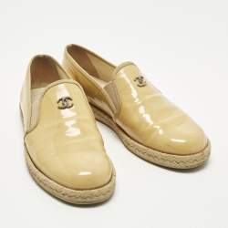 Pre Owned Chanel Size 36.5 Beige Patent Leather Espadrille Loafers