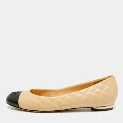 Pre Owned Chanel CC Size 39.5 Beige/Black Quilted Leather Bow Cap Toe Ballet Flats