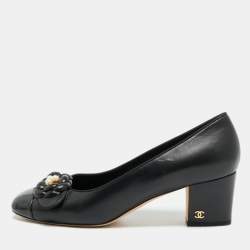 Pre Owned Chanel Camelia Size 41 Black Leather Block Heel Pumps