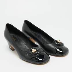 Pre Owned Chanel Camelia Size 41 Black Leather Block Heel Pumps