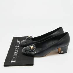 Pre Owned Chanel Camelia Size 41 Black Leather Block Heel Pumps