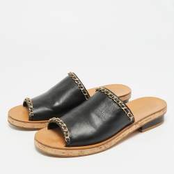 Pre Owned Chanel Size 41.5 Black Leather Chain Link Cork Slide Sandals
