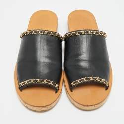 Pre Owned Chanel Size 41.5 Black Leather Chain Link Cork Slide Sandals