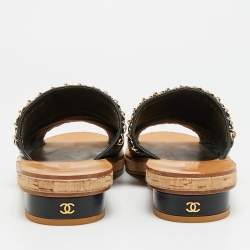 Pre Owned Chanel Size 41.5 Black Leather Chain Link Cork Slide Sandals
