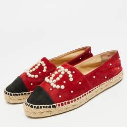 Pre Owned Chanel CC Size 38 Burgundy/Black Suede Espadrille Flats