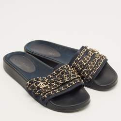 Pre Owned صندل شانيل رابط سلسلة قماش أزرق كحلي مقاس 39