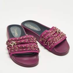 مملوكة مسبقًا Chanel CC Size 38 Dark Pink Fabric Chain Link Flat Slide Sandals