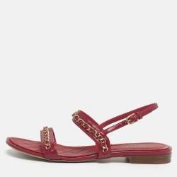 Pre Owned Chanel CC Size 39.5 Red Leather Chain Detail Slingback Flat Sandals