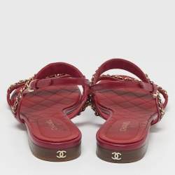 Pre Owned Chanel CC Size 39.5 Red Leather Chain Detail Slingback Flat Sandals