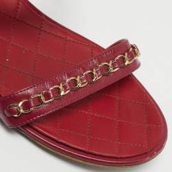 Pre Owned Chanel CC Size 39.5 Red Leather Chain Detail Slingback Flat Sandals