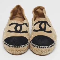 Pre Owned Chanel CC Size 39 Beige Suede Pearl Espadrille Flats