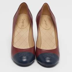 Pre Owned Chanel CC Size 36 Burgundy/Navy Blue Leather Cap Toe Pumps