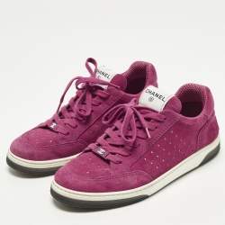 Pre Owned حذاء رياضي شانيل سي سي قماش تريكو وردي فاتح رباط بعنق منخفض مقاس 36