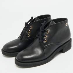 Pre Owned Chanel CC Size 38 Black Leather Lace Up Ankle Length Boots