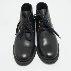 Pre Owned Chanel CC Size 38 Black Leather Lace Up Ankle Length Boots