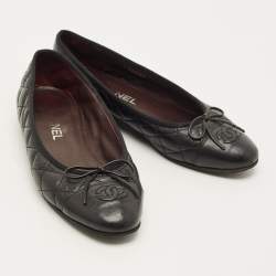 Pre Owned Chanel CC Size 37.5 Black Quilted Leather Bow Cap Toe Ballet Flats
