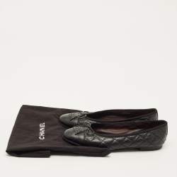 Pre Owned Chanel CC Size 37.5 Black Quilted Leather Bow Cap Toe Ballet Flats