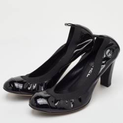 Pre Owned حذاء كعب عالي شانيل جلد لامع أسود مقدمة سي سي مجعدة مقاس 37