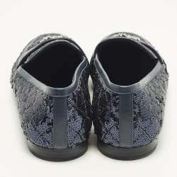 Pre Owned Chanel Size 38.5 Navy Blue Leather and Sequins CC Logo Slip On Loafers