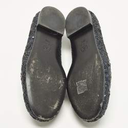 Pre Owned Chanel Size 38.5 Navy Blue Leather and Sequins CC Logo Slip On Loafers