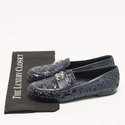 Pre Owned Chanel Size 38.5 Navy Blue Leather and Sequins CC Logo Slip On Loafers