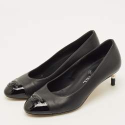 Pre Owned حذاء كعب عالي شانيل جلد أسود ولميع لؤلؤ صناعي مقاس 36