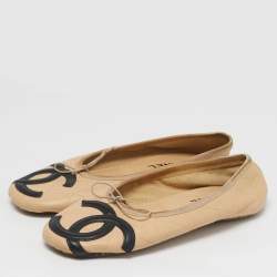 Pre Owned Chanel Cambon Size 38 Beige Quilted Leather Bow Ballet Flats