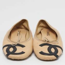 Pre Owned Chanel Cambon Size 38 Beige Quilted Leather Bow Ballet Flats