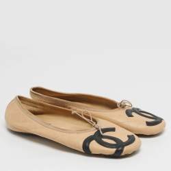 Pre Owned Chanel Cambon Size 38 Beige Quilted Leather Bow Ballet Flats