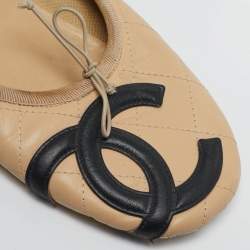 Pre Owned Chanel Cambon Size 38 Beige Quilted Leather Bow Ballet Flats