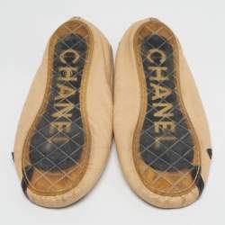 Pre Owned Chanel Cambon Size 38 Beige Quilted Leather Bow Ballet Flats