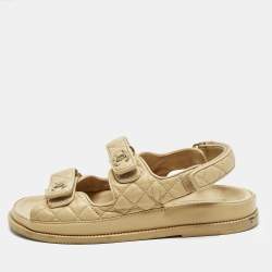 Pre Owned Chanel Dad Size 40 Beige Quilted Leather CC Velcro Flat Sandals