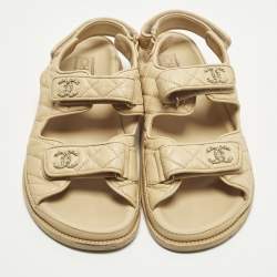 Pre Owned Chanel Dad Size 40 Beige Quilted Leather CC Velcro Flat Sandals