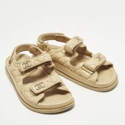 Pre Owned Chanel Dad Size 40 Beige Quilted Leather CC Velcro Flat Sandals