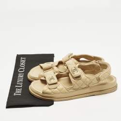 Pre Owned Chanel Dad Size 40 Beige Quilted Leather CC Velcro Flat Sandals