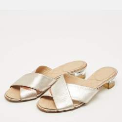 Pre Owned Chanel Size 36.5 Silver Leather Criss Cross Flat Slides