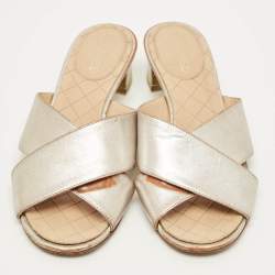 Pre Owned Chanel Size 36.5 Silver Leather Criss Cross Flat Slides