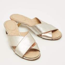 Pre Owned Chanel Size 36.5 Silver Leather Criss Cross Flat Slides