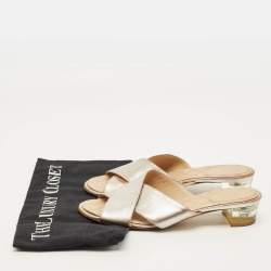 Pre Owned Chanel Size 36.5 Silver Leather Criss Cross Flat Slides