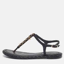Pre Owned Chanel CC Size 37 Black Woven Leather Thong Ankle Strap Sandals