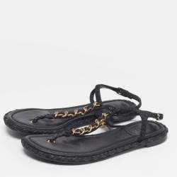Pre Owned Chanel CC Size 37 Black Woven Leather Thong Ankle Strap Sandals